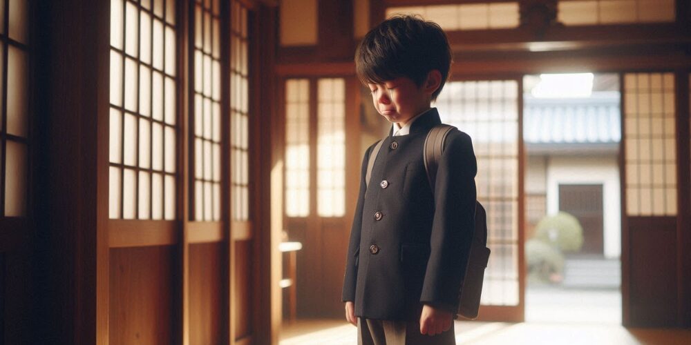 玄関で立ち尽くして泣く男の子