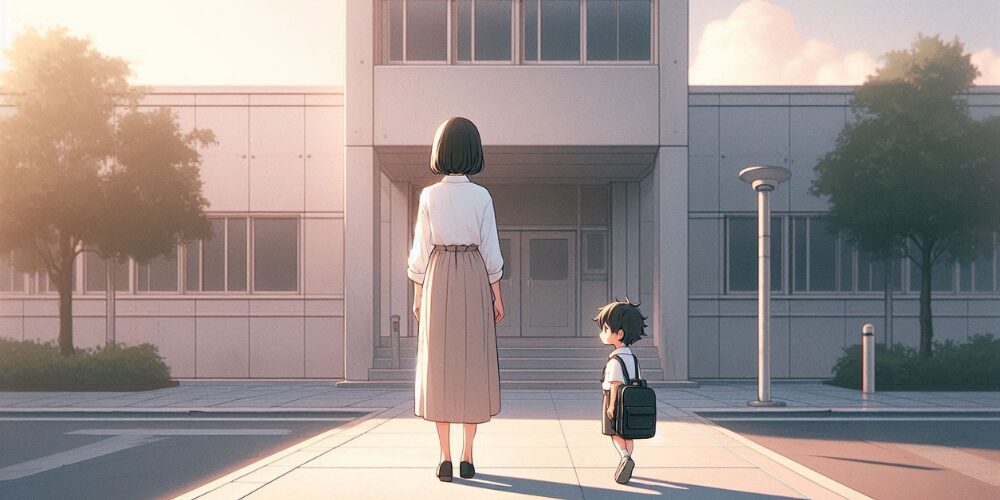 母親と登校する小学生
